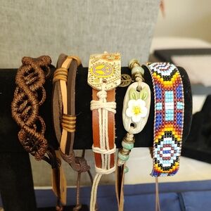 Beautiful Beaded And Leather Drawstring Braclets, Set Of 5